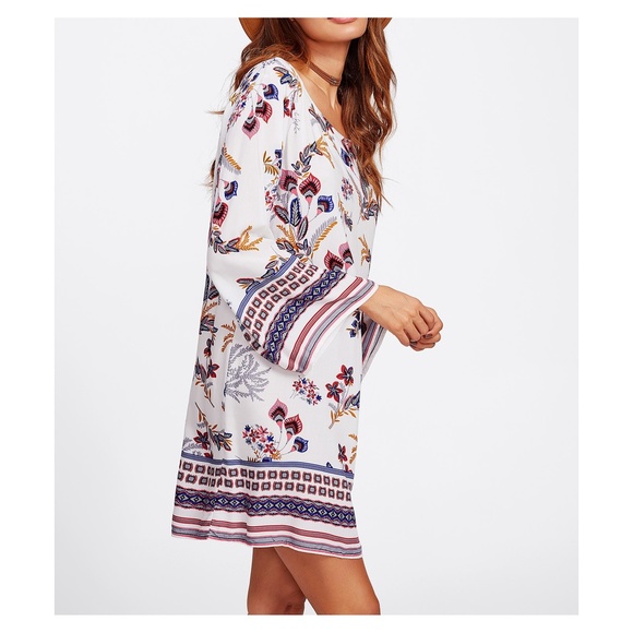 LAST ONE White Ornate Print Shift Boho Dress - Picture 4 of 5